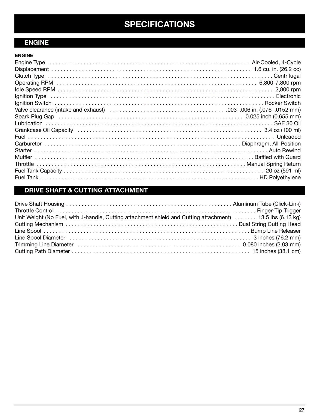 Ryobi 875r manual Specifications, Engine 