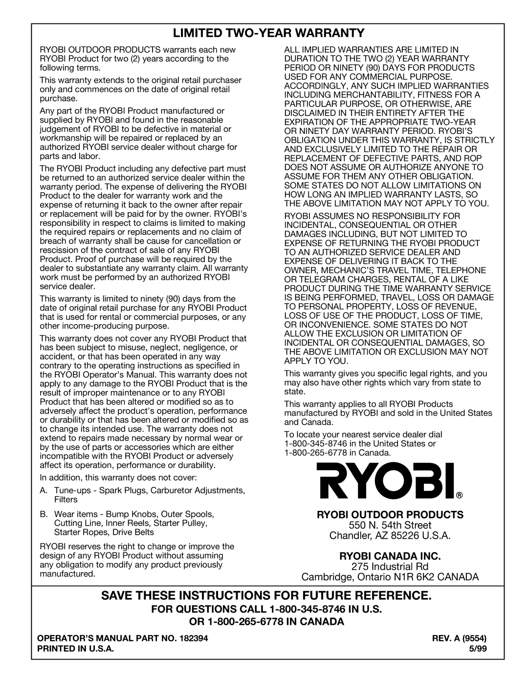 Ryobi 875r manual OPERATOR’S Manual Part no, REV. a 