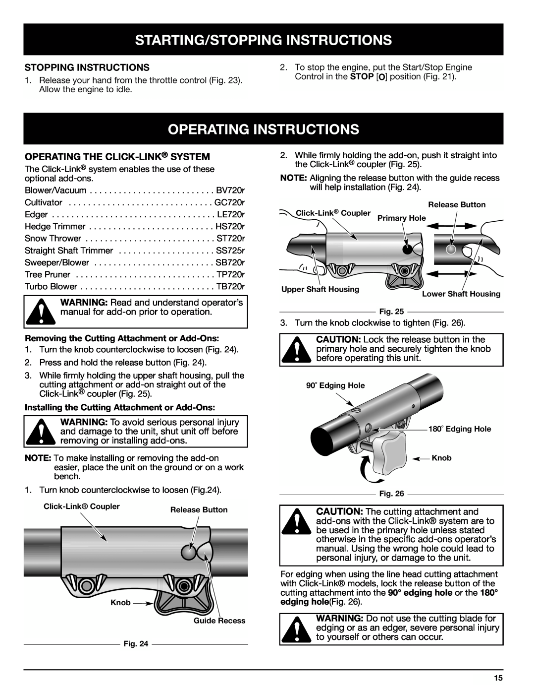Ryobi 890r manual Operating Instructions, Operating The Click-Link System, Starting/Stopping Instructions 