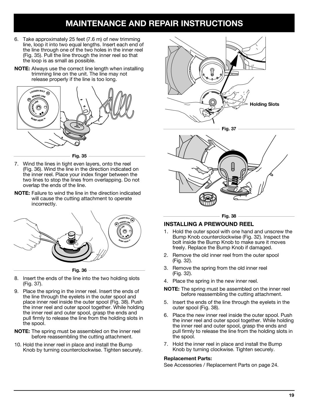 Ryobi 890r manual Installing A Prewound Reel, Maintenance And Repair Instructions, Replacement Parts 