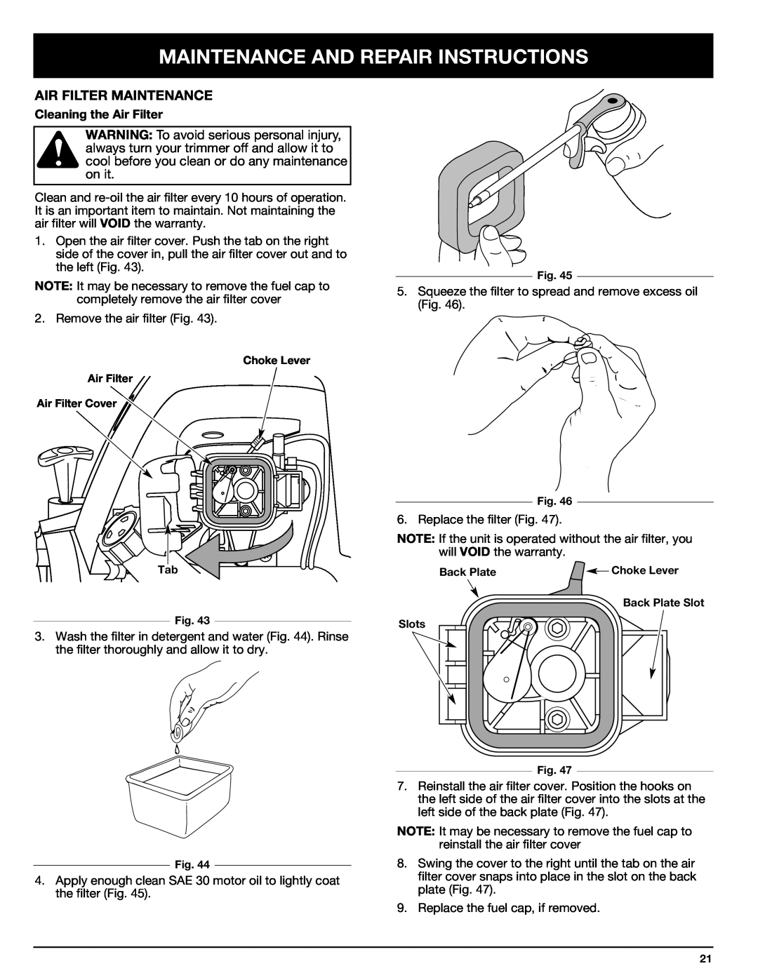 Ryobi 890r manual Air Filter Maintenance, Maintenance And Repair Instructions, Cleaning the Air Filter 