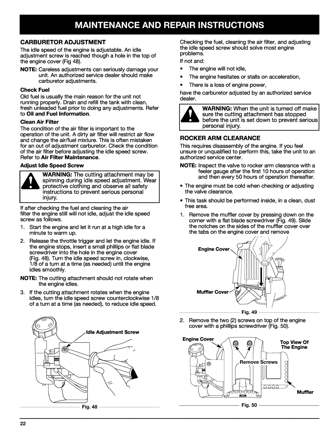 Ryobi 890r Carburetor Adjustment, Rocker Arm Clearance, Maintenance And Repair Instructions, Check Fuel, Clean Air Filter 