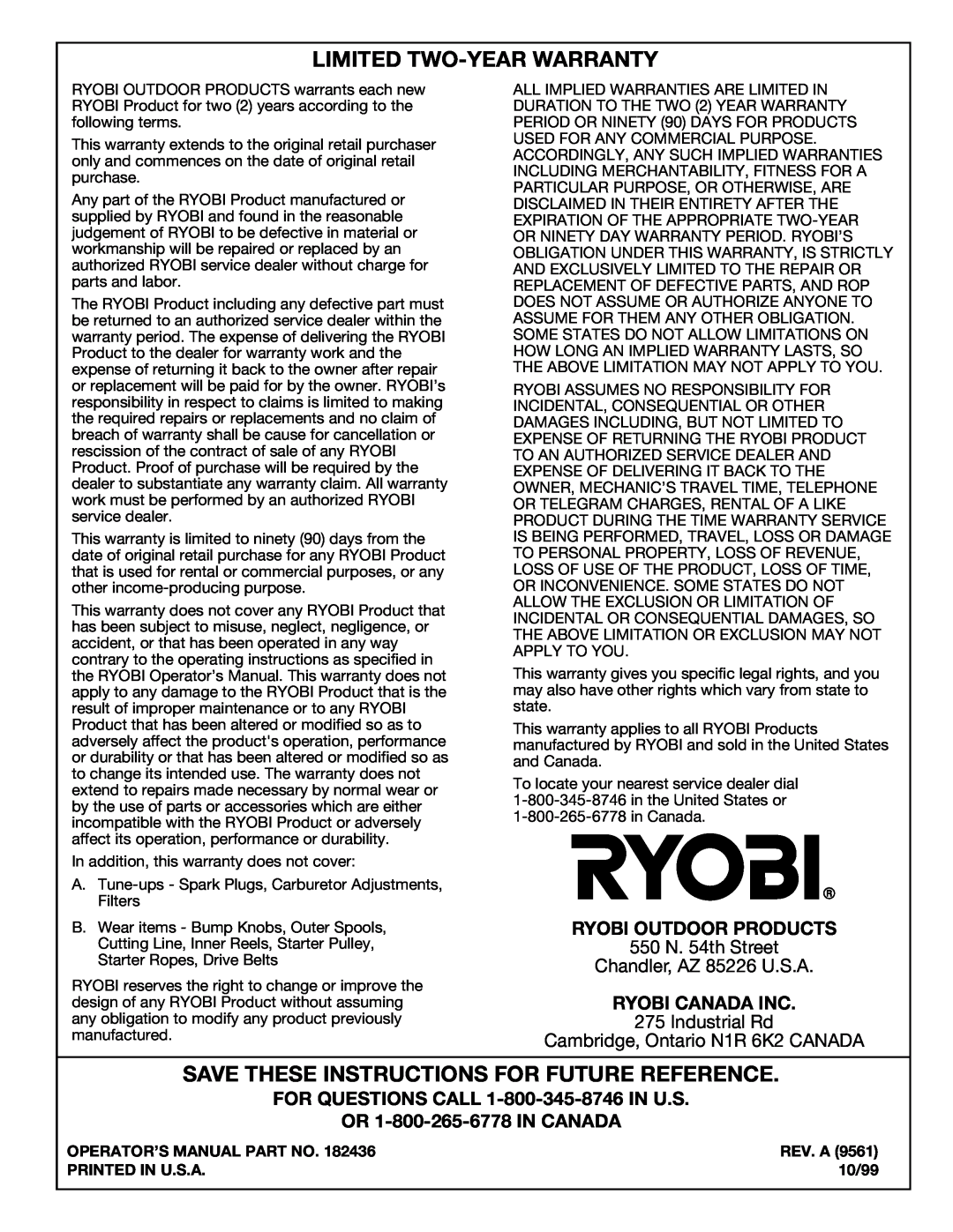 Ryobi 890r Limited Two-Year Warranty, Save These Instructions For Future Reference, Ryobi Outdoor Products, Rev. A, 10/99 