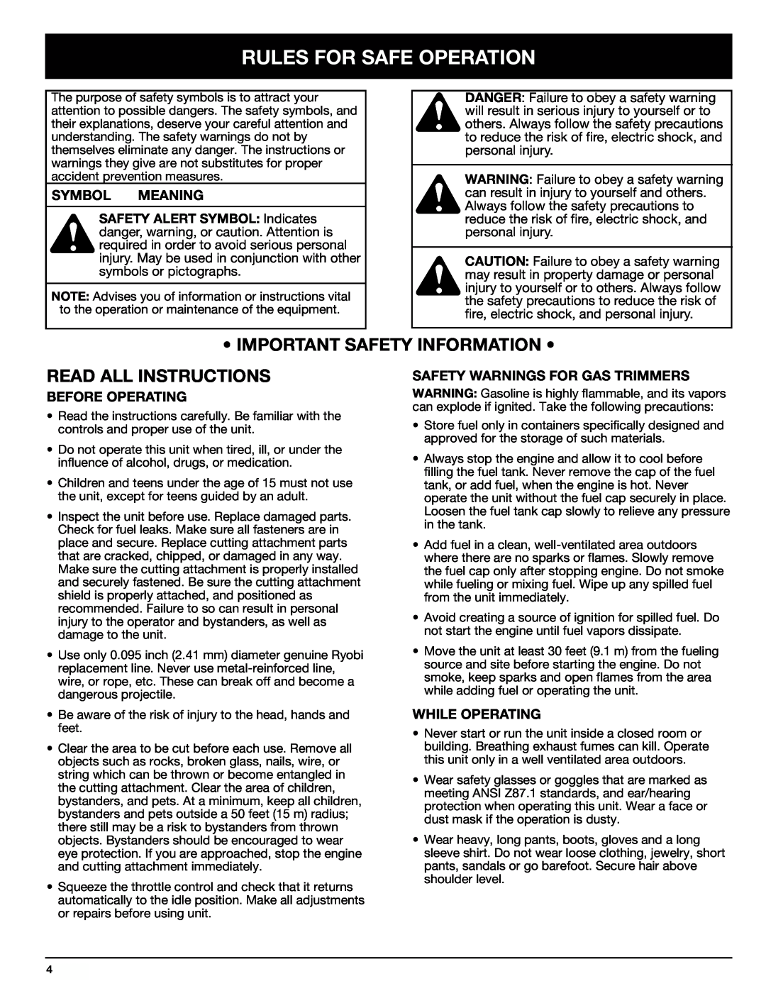 Ryobi 890r Rules For Safe Operation, Important Safety Information, Read All Instructions, Symbol Meaning, Before Operating 