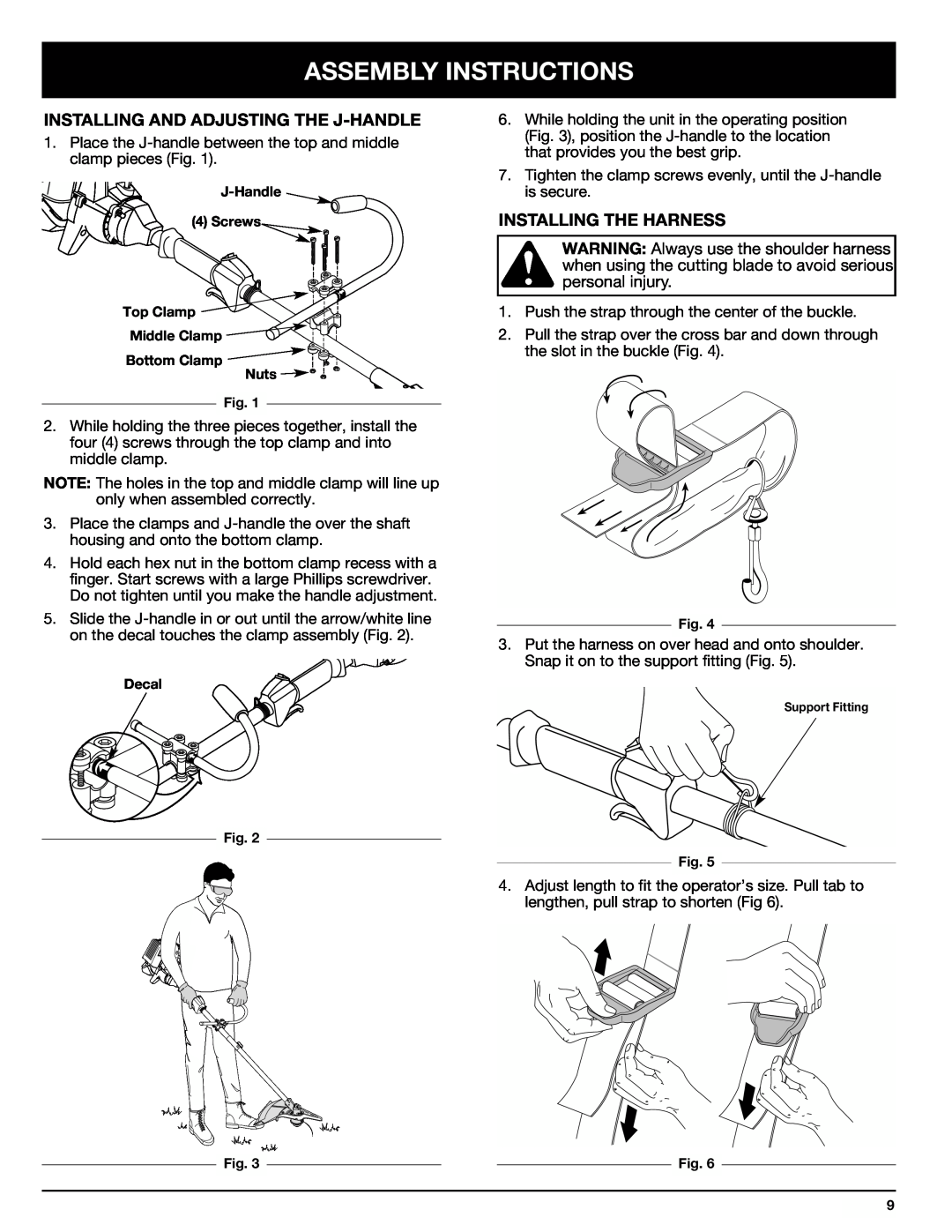 Ryobi 890r manual Assembly Instructions, Installing And Adjusting The J-Handle, Installing The Harness 