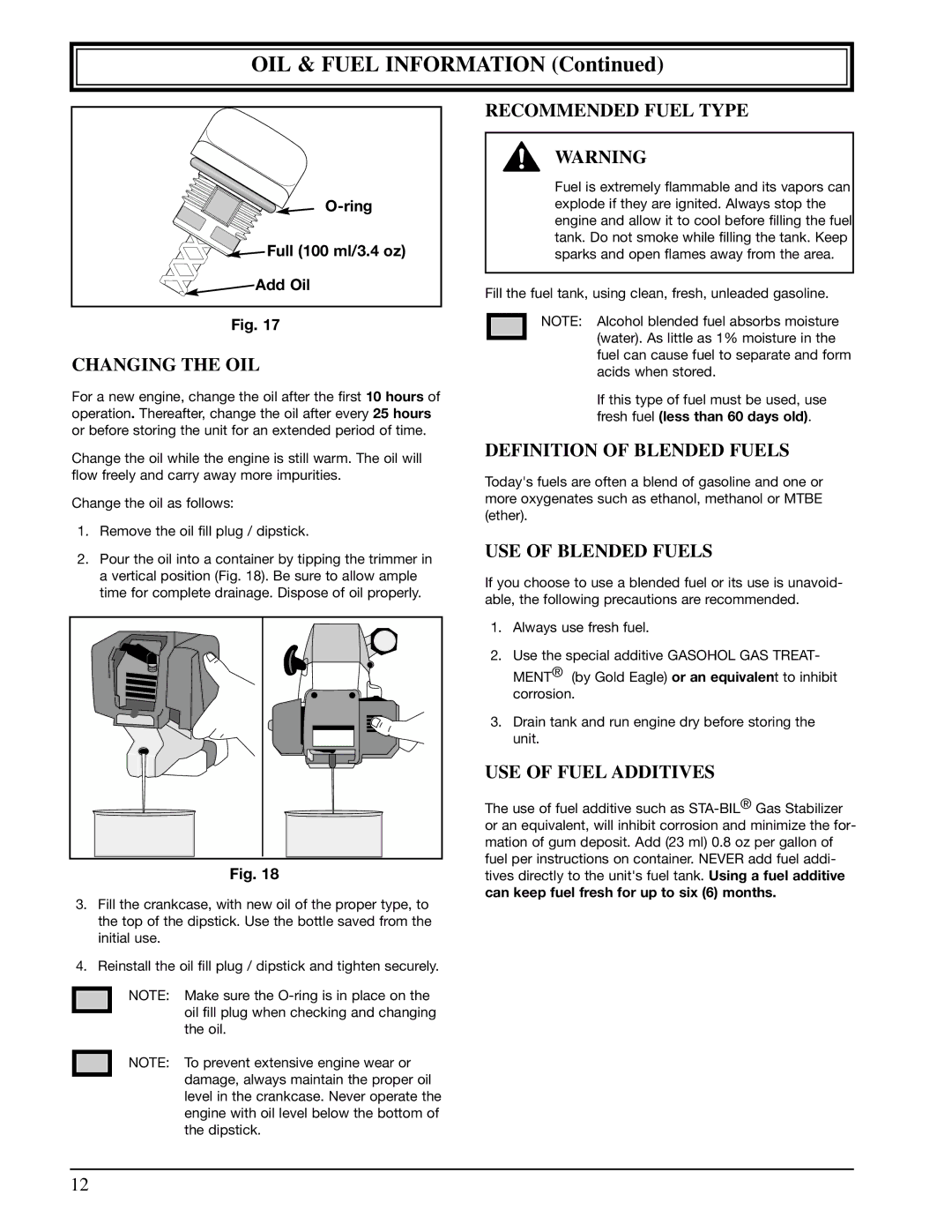 Ryobi 990r manual Changing the OIL, Recommended Fuel Type, Definition of Blended Fuels, USE of Blended Fuels 