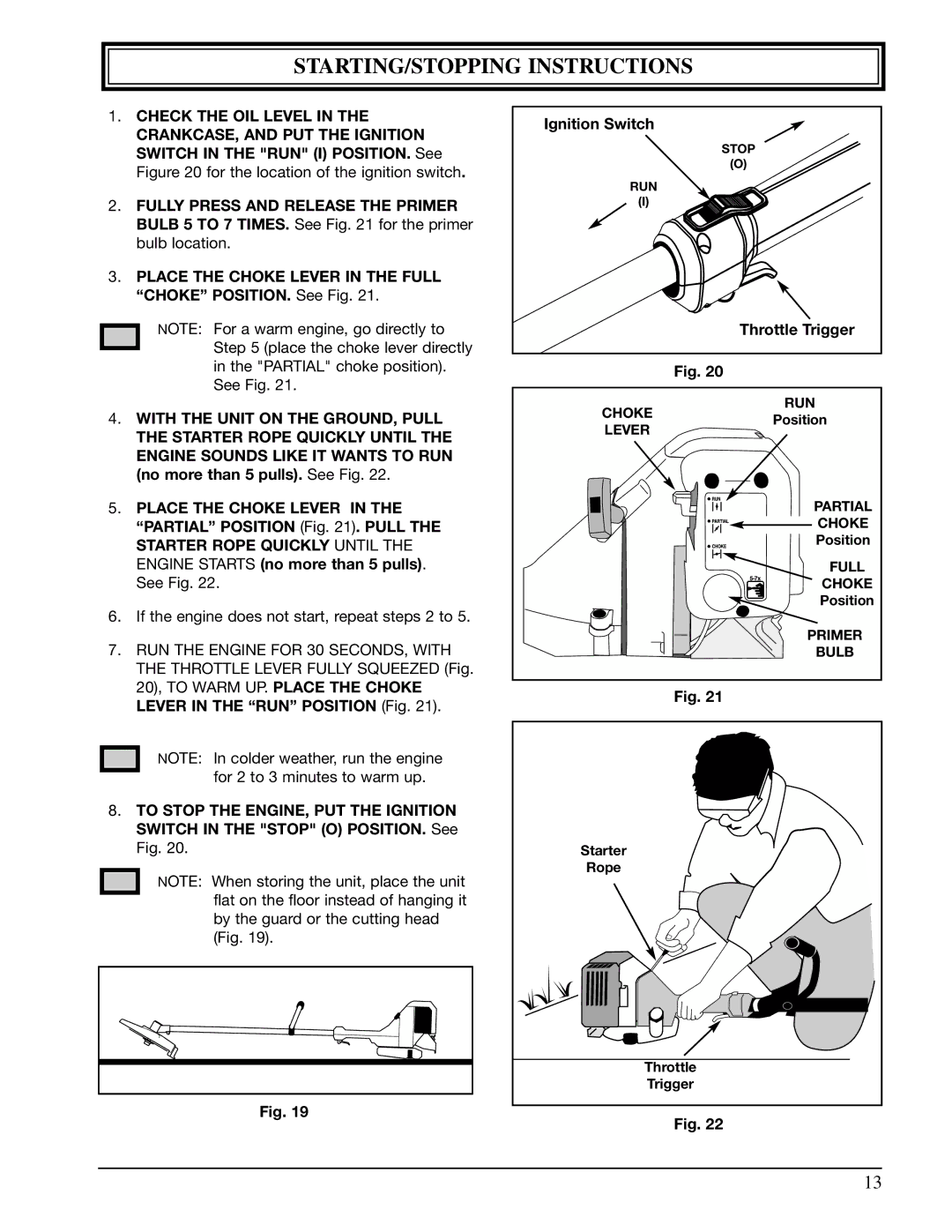 Ryobi 990r manual STARTING/STOPPING Instructions, Throttle Trigger, Position, Rope 