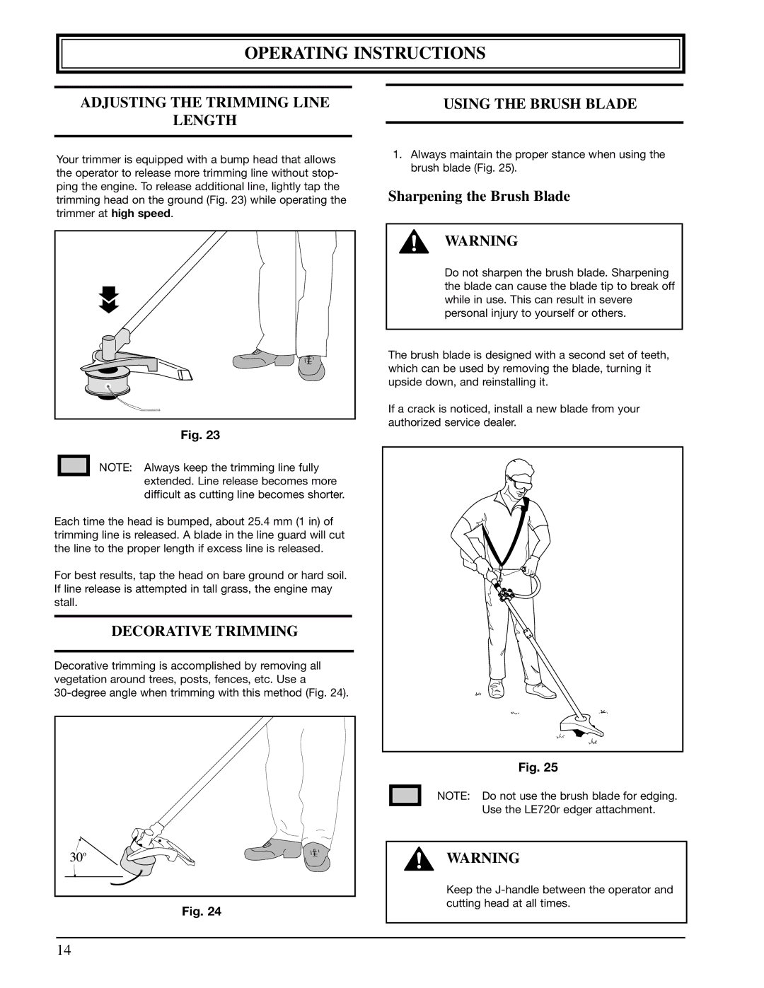 Ryobi 990r manual Operating Instructions, Adjusting the Trimming Line Length, Decorative Trimming, Using the Brush Blade 