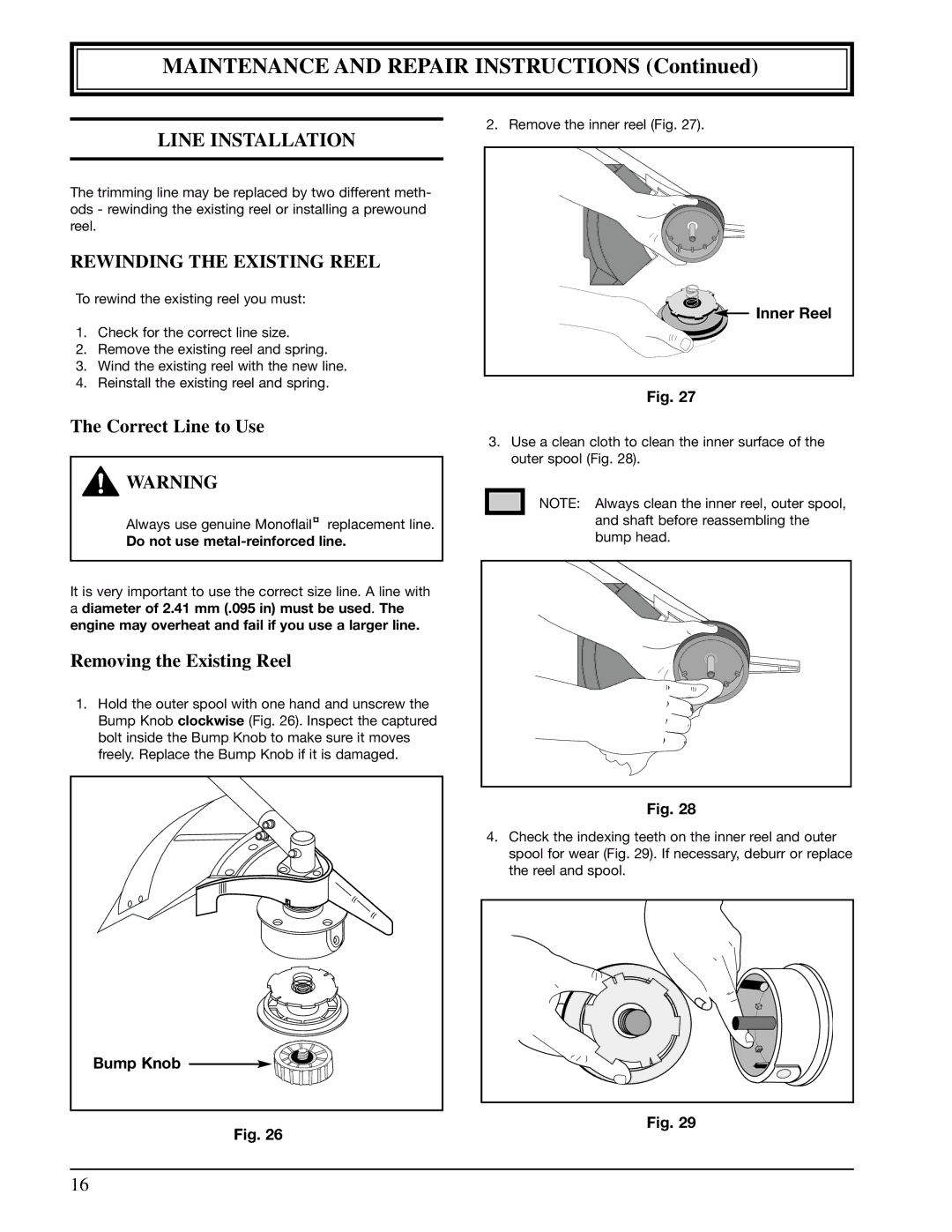 Ryobi 990r manual Rewinding the Existing Reel, Correct Line to Use, Removing the Existing Reel, Bump Knob Inner Reel 