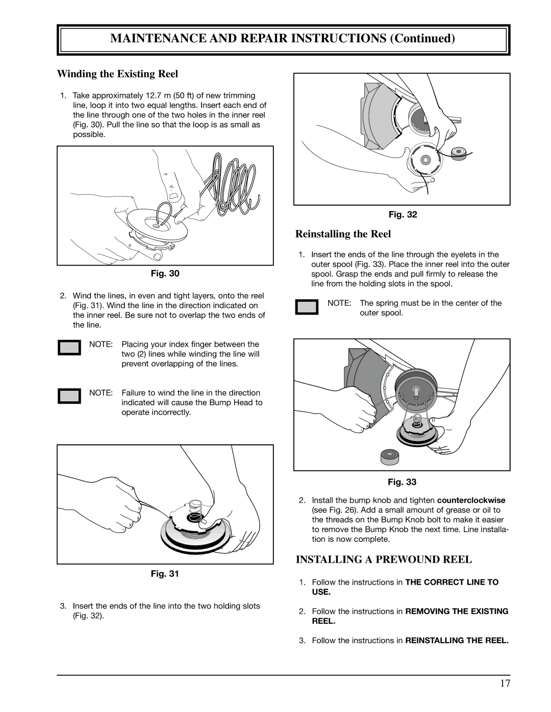 Ryobi 990r manual Winding the Existing Reel, Reinstalling the Reel, Installing a Prewound Reel 