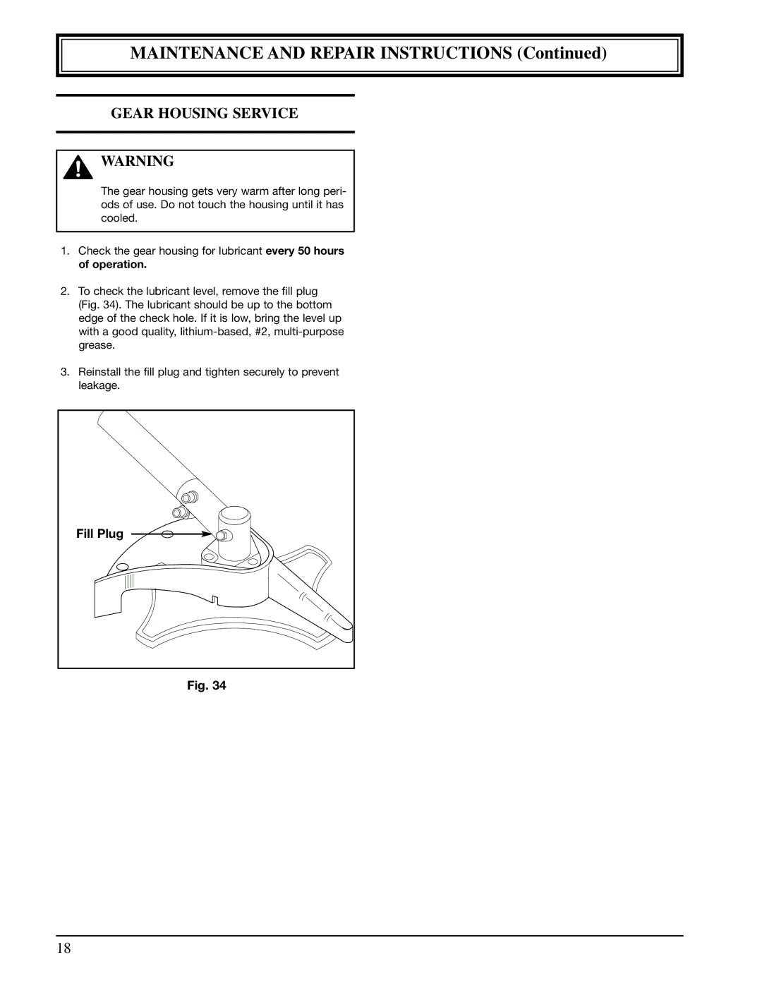 Ryobi 990r manual Gear Housing Service, Fill Plug 