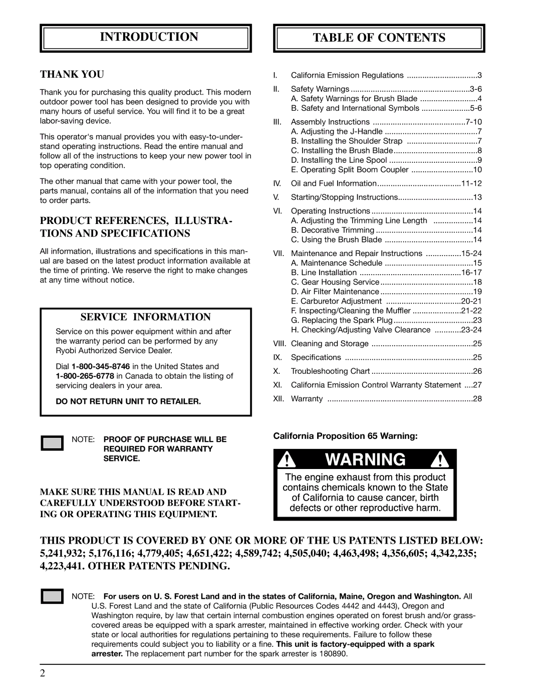 Ryobi 990r manual Introduction Table of Contents 