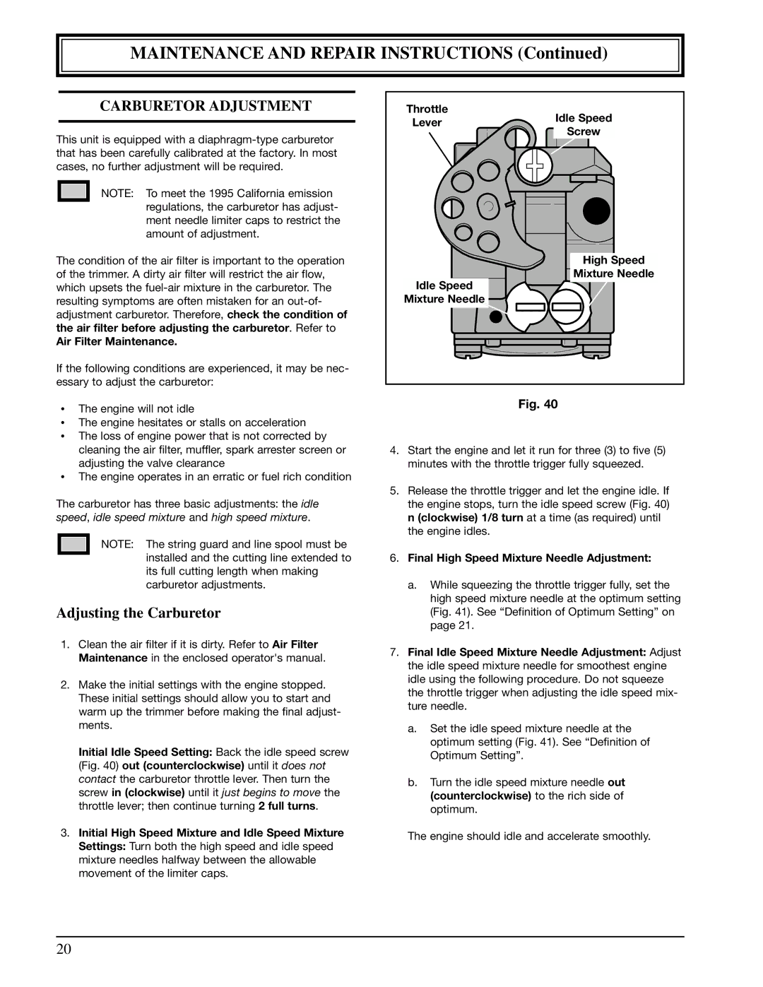 Ryobi 990r manual Carburetor Adjustment, Adjusting the Carburetor, Air Filter Maintenance 