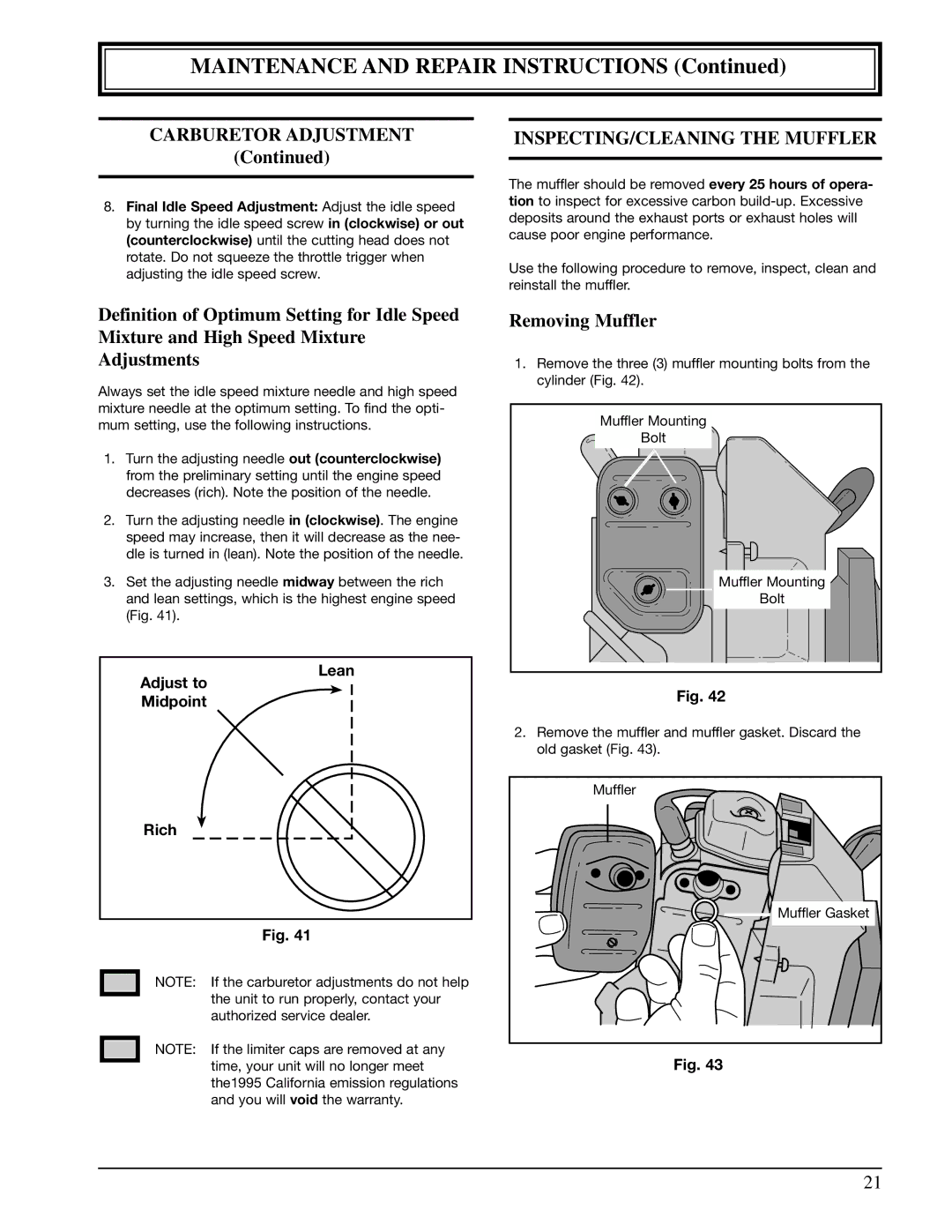 Ryobi 990r manual INSPECTING/CLEANING the Muffler, Removing Muffler, Lean Adjust to Midpoint Rich 