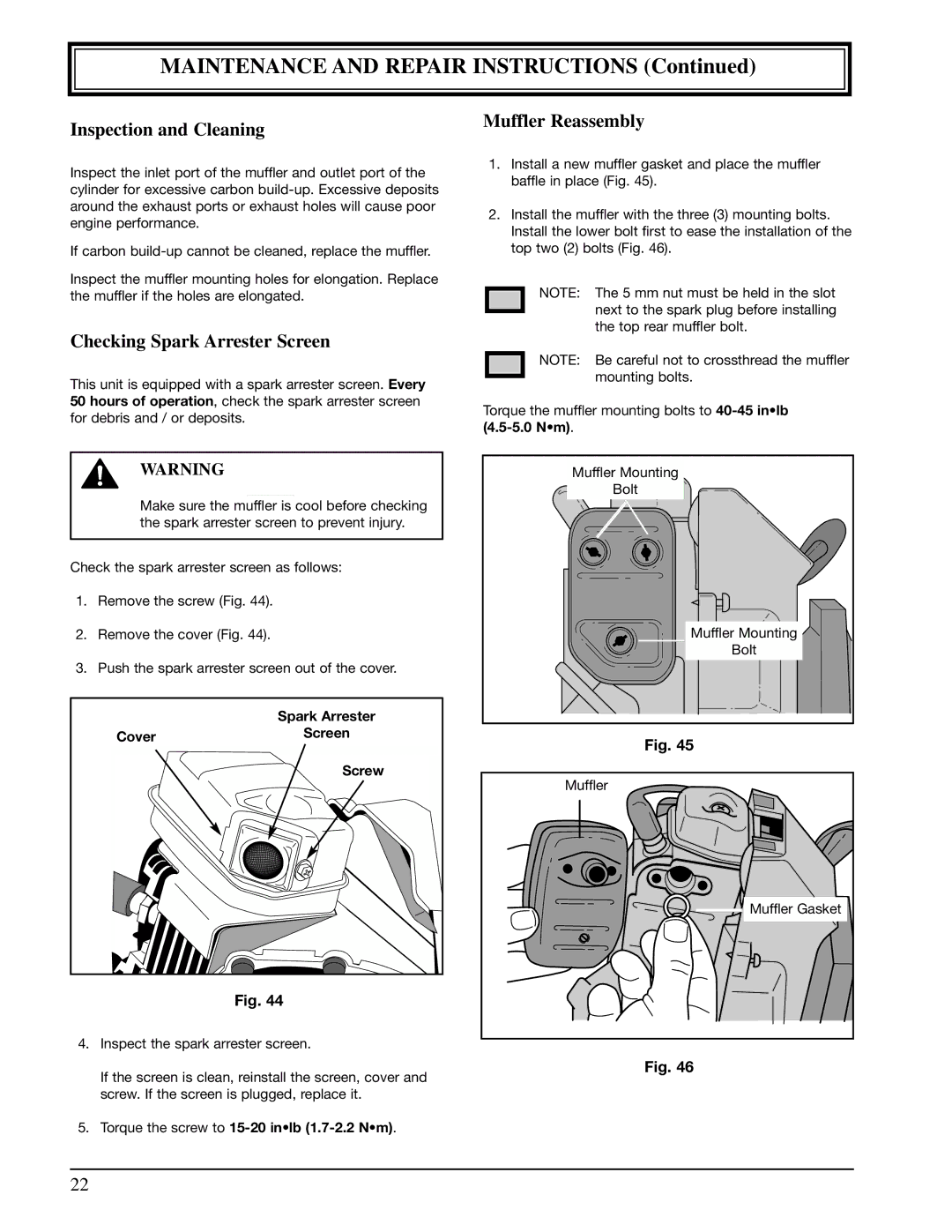Ryobi 990r manual Inspection and Cleaning, Checking Spark Arrester Screen, Muffler Reassembly, 5.0 Nm 