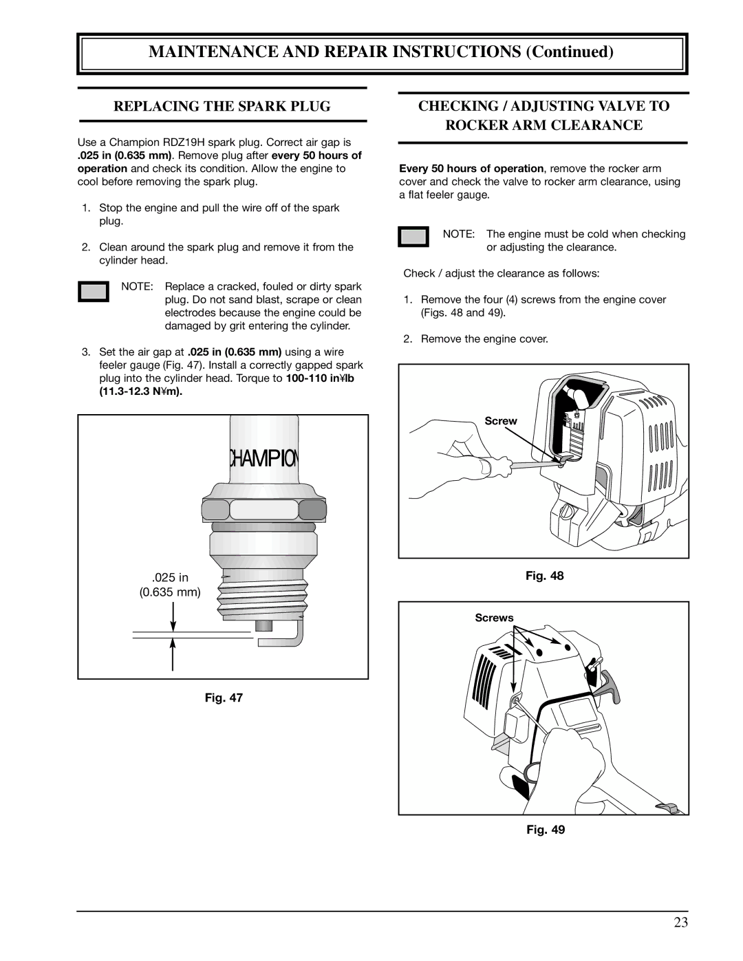 Ryobi 990r manual Replacing the Spark Plug, Checking / Adjusting Valve to Rocker ARM Clearance, Screw Screws 