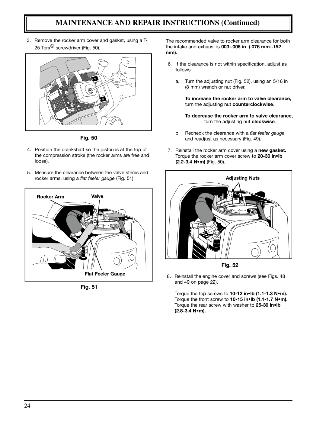 Ryobi 990r manual Rocker Arm Valve Flat Feeler Gauge, Adjusting Nuts 