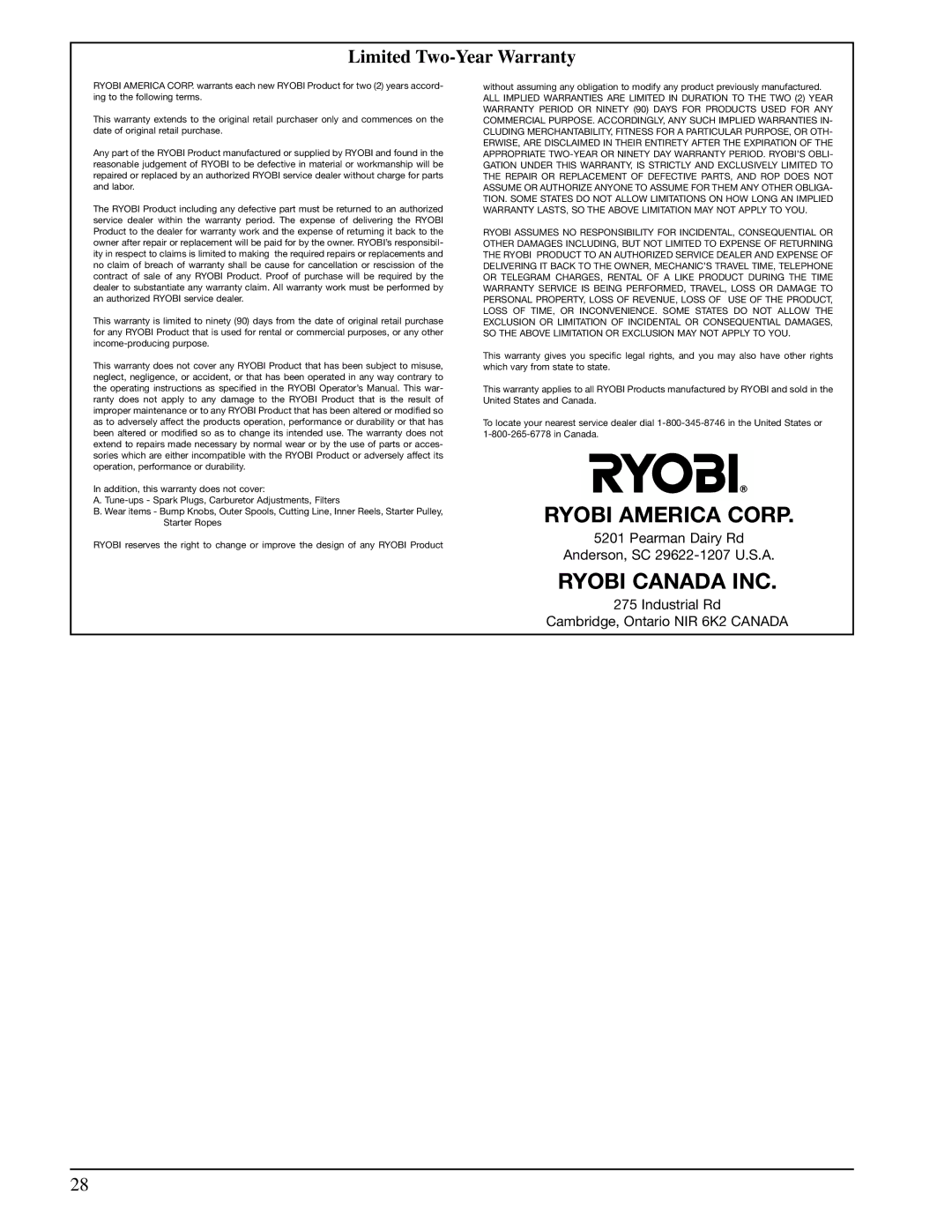 Ryobi 990r manual Limited Two-Year Warranty 