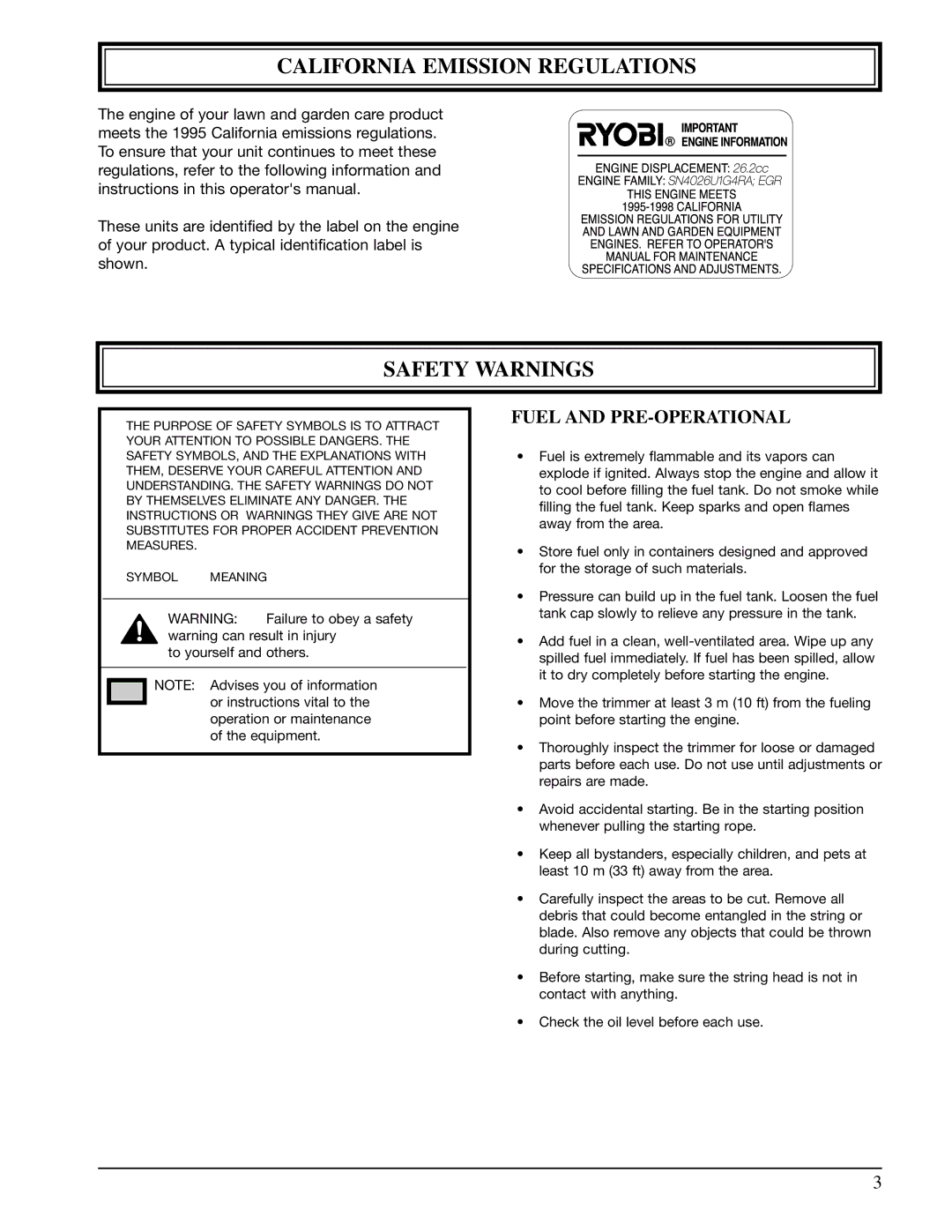 Ryobi 990r manual California Emission Regulations, Safety Warnings, Fuel and PRE-OPERATIONAL 