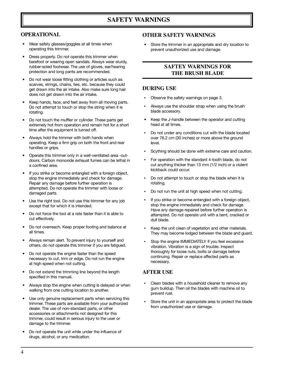 Ryobi 990r manual Operational, Other Safety Warnings, Saftey Warnings for Brush Blade During USE, After USE 