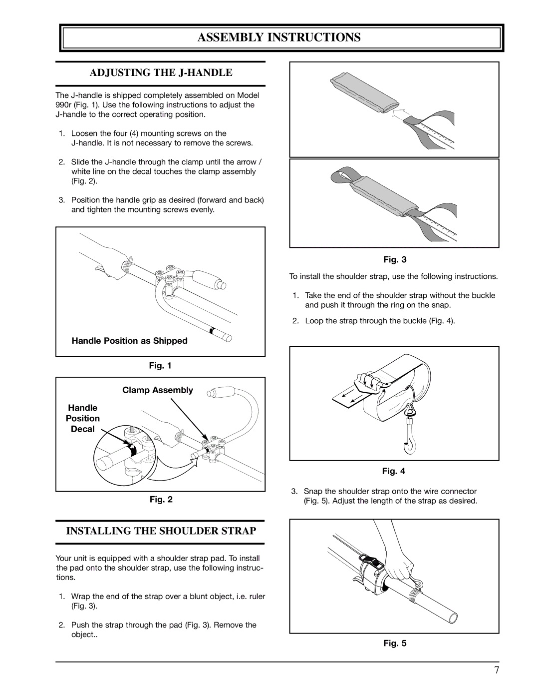 Ryobi 990r manual Assembly Instructions, Adjusting the J-HANDLE, Installing the Shoulder Strap 