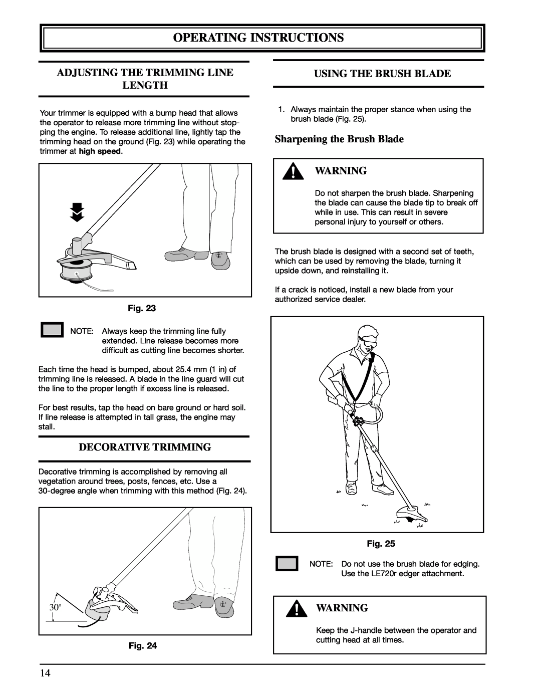 Ryobi 990r manual Operating Instructions, Adjusting The Trimming Line Length, Decorative Trimming, Using The Brush Blade 