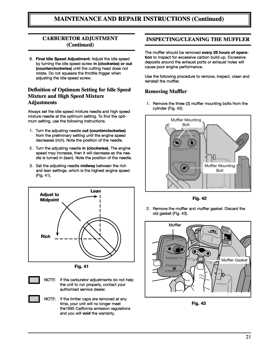 Ryobi 990r manual CARBURETOR ADJUSTMENT Continued, Inspecting/Cleaning The Muffler, Removing Muffler 