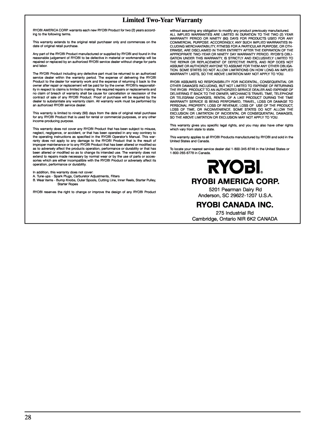 Ryobi 990r manual Ryobi America Corp, Ryobi Canada Inc, Limited Two-Year Warranty 