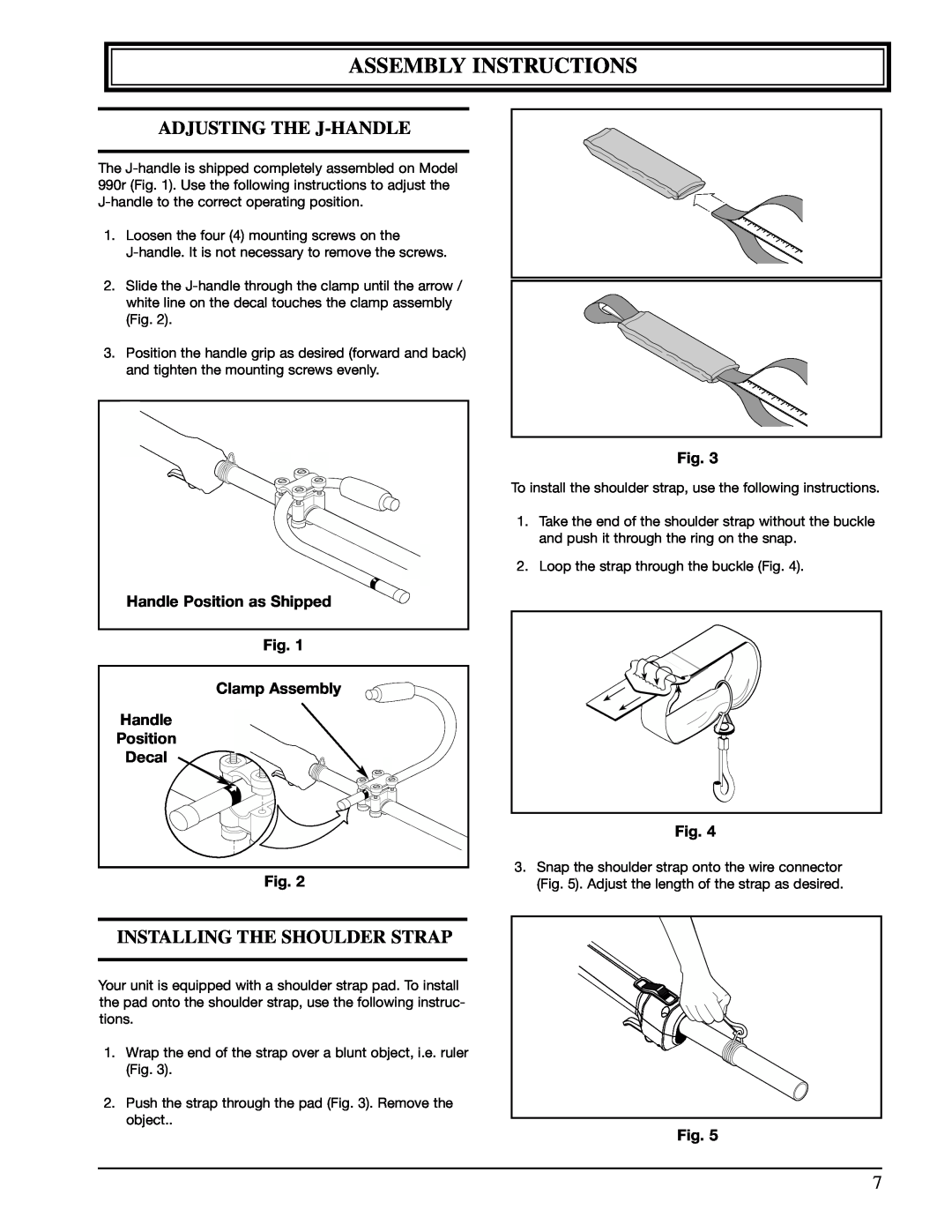 Ryobi 990r manual Assembly Instructions, Adjusting The J-Handle, Installing The Shoulder Strap 
