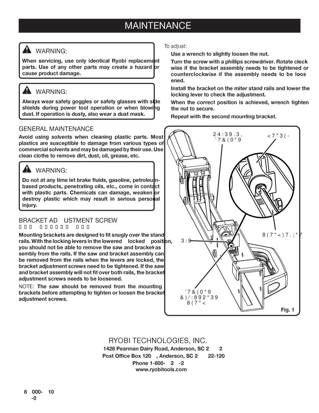 Ryobi A18MS01 manual General Maintenance, Bracket Adjustment Screw, To adjust 