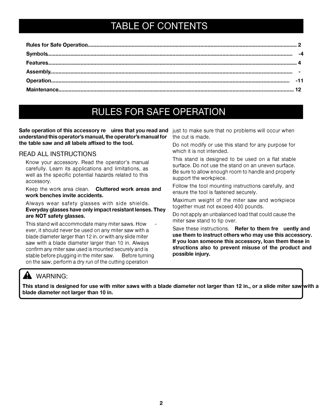 Ryobi A18MS01 manual Table of Contents, Rules for Safe Operation, Read ALL Instructions 