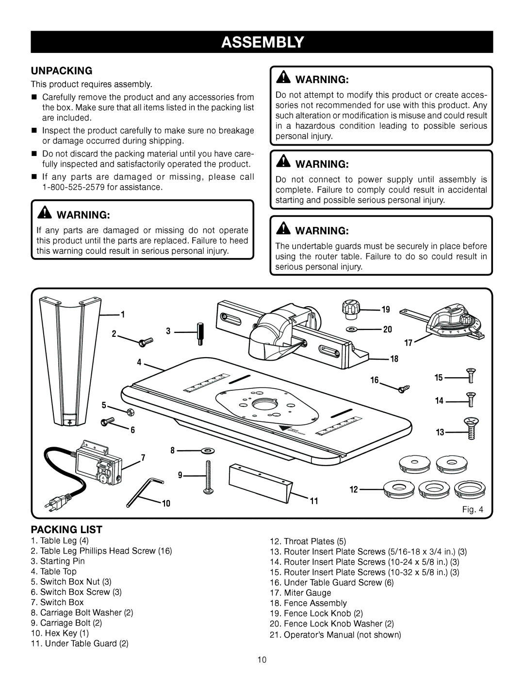 Ryobi A25RT01 manual Assembly, Unpacking, Packing List 