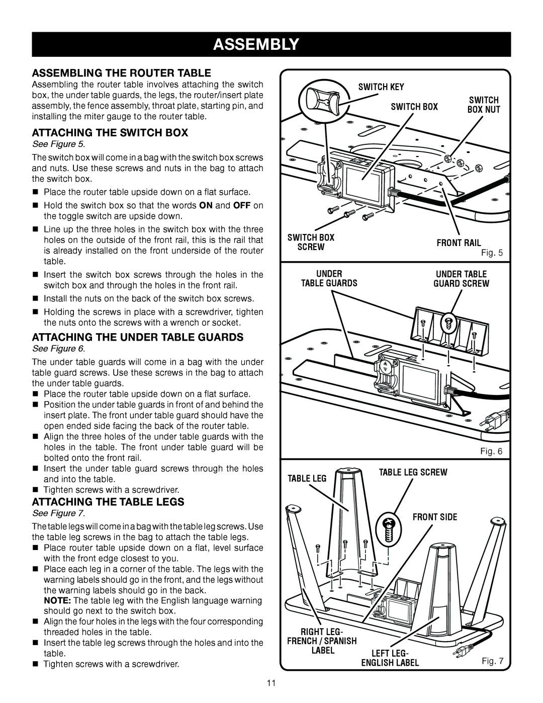 Ryobi A25RT01 manual Assembling the Router Table, Attaching the Switch BOX, Attaching the Under Table Guards 