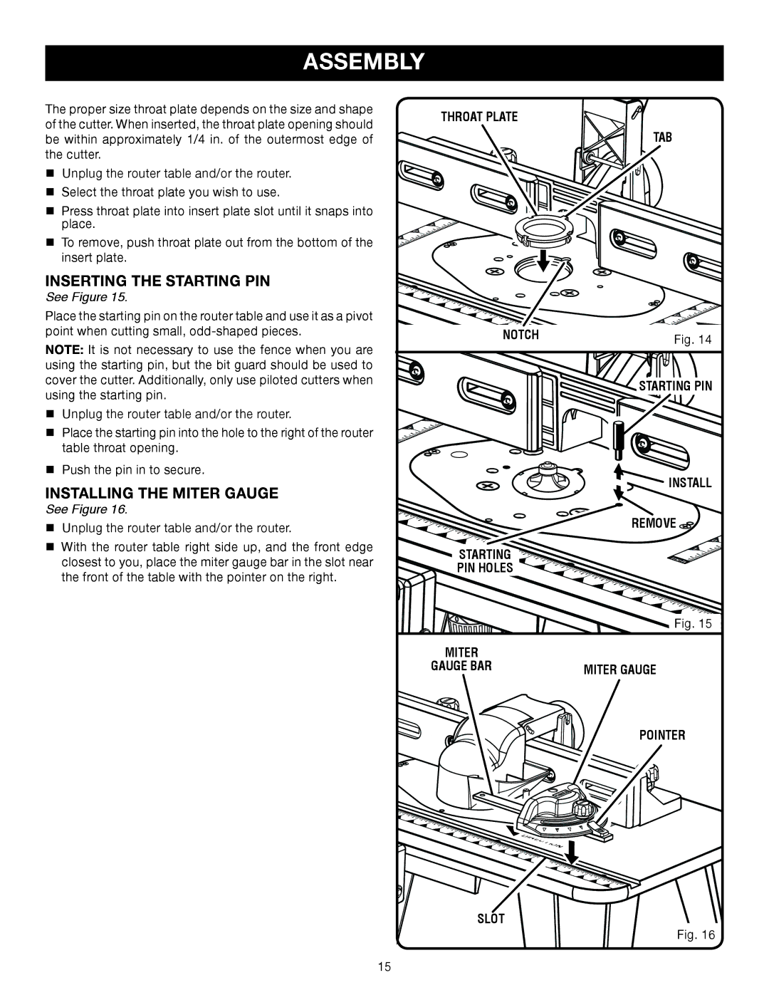 Ryobi A25RT01 manual Inserting the Starting PIN, Installing the Miter Gauge, Install Remove, Pointer 