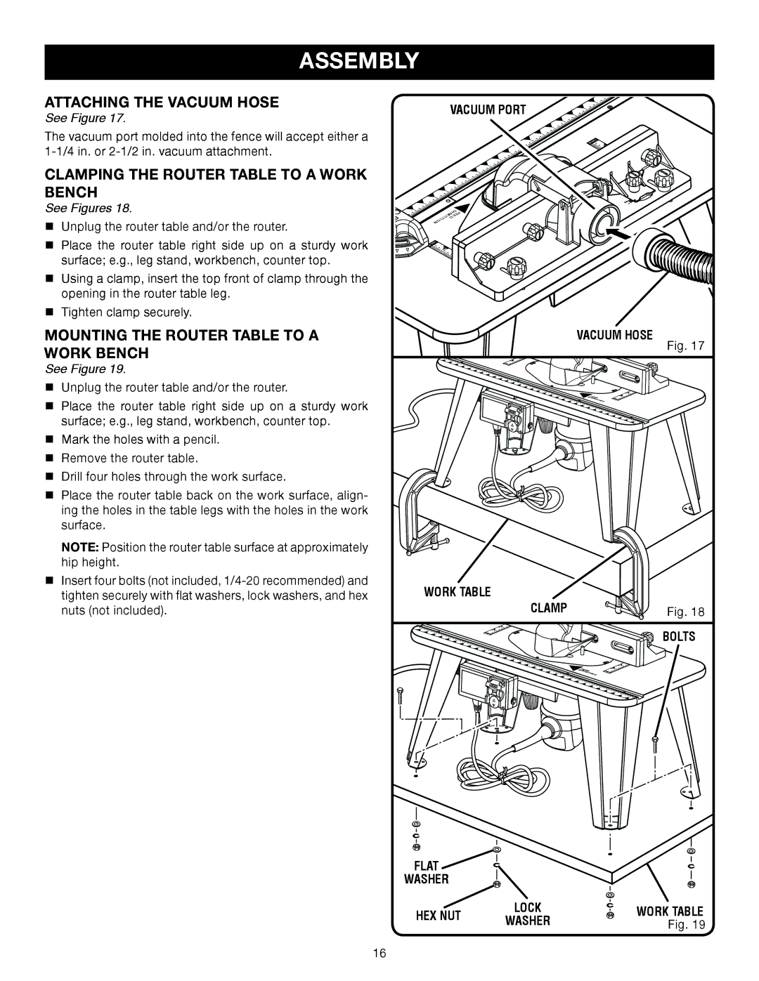 Ryobi A25RT01 manual Attaching the Vacuum Hose, Clamping the Router Table to a Work Bench 