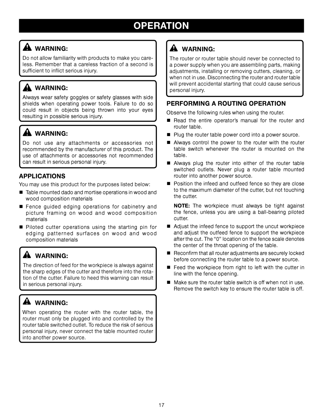 Ryobi A25RT01 manual Applications, Performing a Routing Operation 