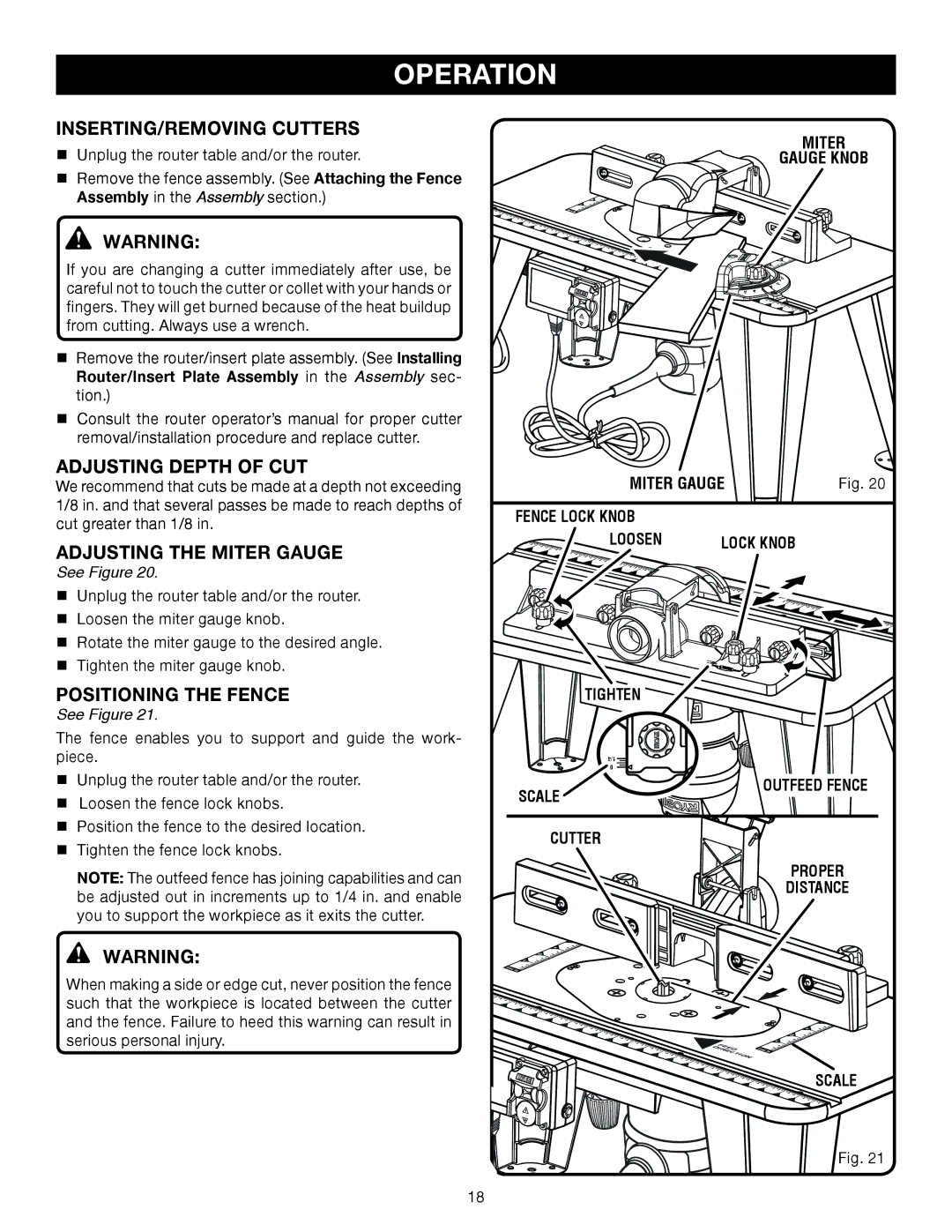 Ryobi A25RT01 manual INSERTING/REMOVING Cutters, Adjusting Depth of CUT, Adjusting the Miter Gauge, Positioning the Fence 