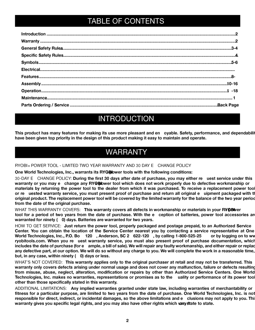 Ryobi A25RT01 manual Introduction, Warranty 