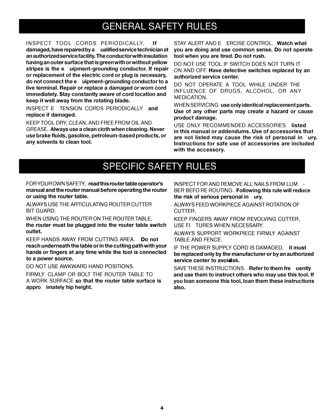 Ryobi A25RT01 manual Specific Safety Rules,  Always USE the Articulating Router Cutter BIT Guard 