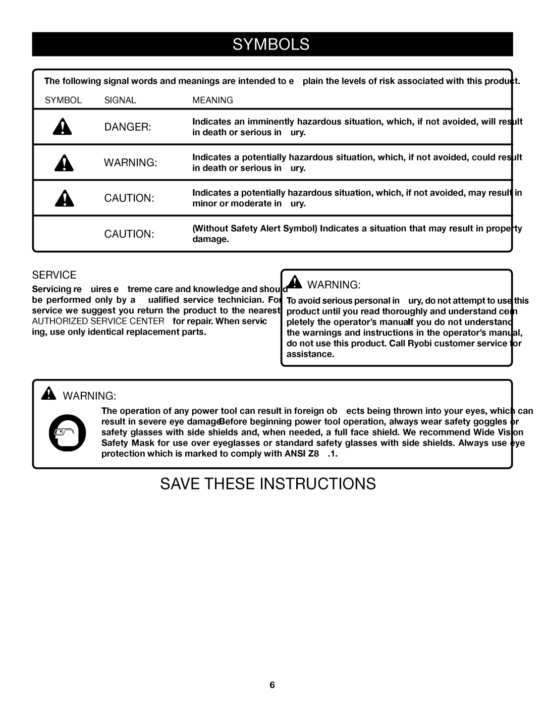 Ryobi A25RT01 manual Service, Symbol Signal Meaning 