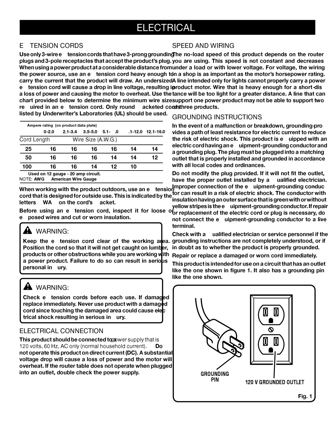 Ryobi A25RT01 manual Extension Cords, Electrical Connection, Speed and Wiring, Grounding Instructions 