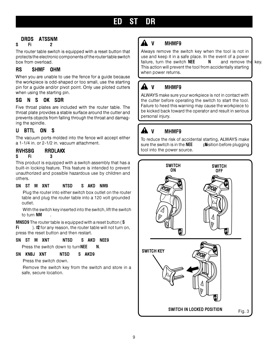 Ryobi A25RT01 manual Reset Button, Starting PIN, Throat Plates, Vacuum Port, Switch Assembly 