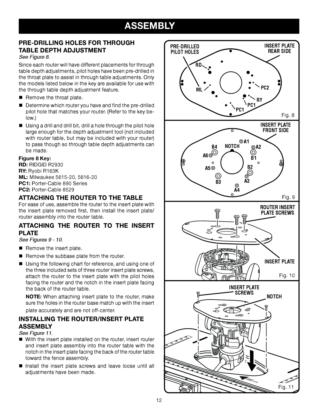 Ryobi A25RT02 manual PRE-DRILLING Holes for Through Table Depth Adjustment, Attaching the Router to the Table 