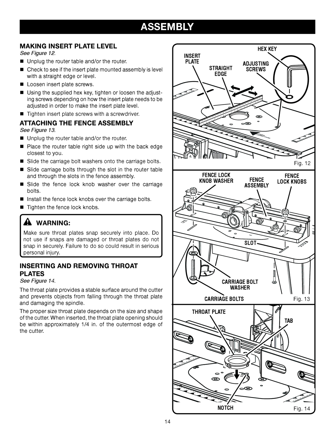 Ryobi A25RT02 manual Making Insert Plate Level, Attaching the Fence Assembly, Inserting and Removing Throat Plates 