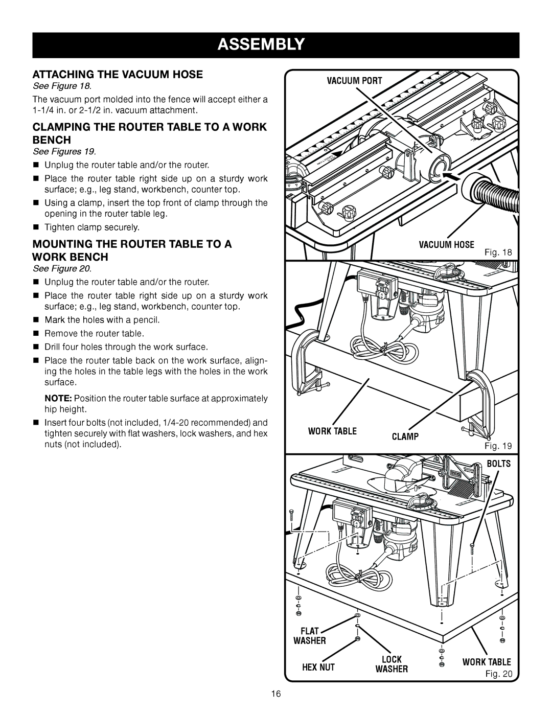 Ryobi A25RT02 manual Attaching the Vacuum Hose, Clamping the Router Table to a Work Bench 