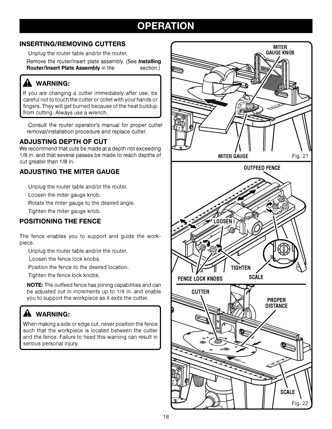 Ryobi A25RT02 manual INSERTING/REMOVING Cutters, Adjusting Depth of CUT, Adjusting the Miter Gauge, Positioning the Fence 