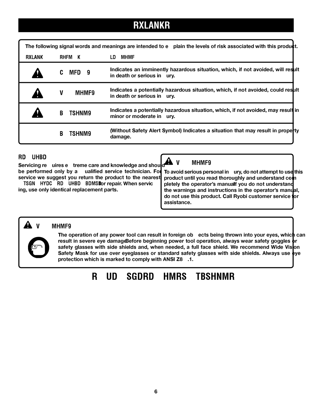 Ryobi A25RT02 manual Service, Symbol Signal Meaning 