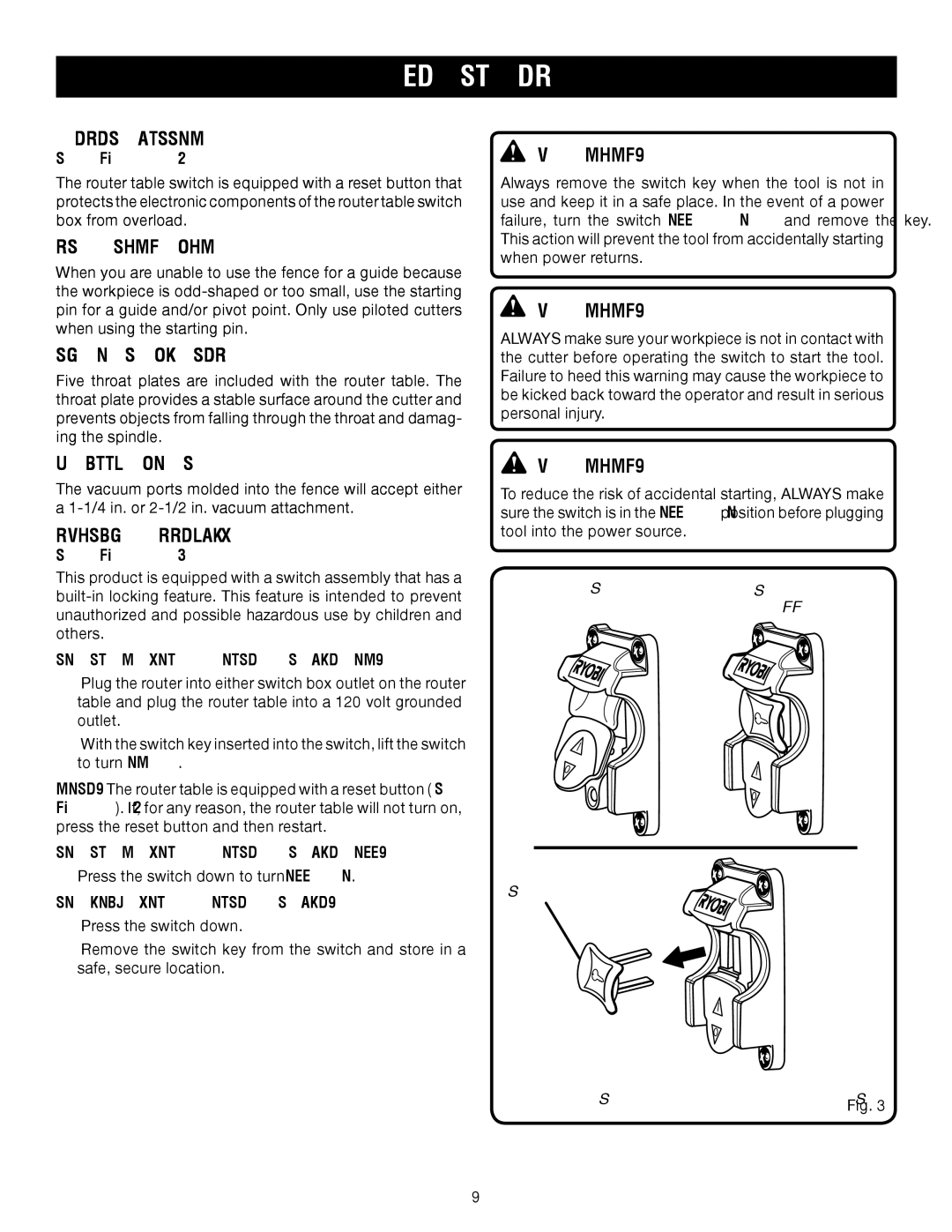 Ryobi A25RT02 manual Reset Button, Starting PIN, Throat Plates, Vacuum Port, Switch Assembly 