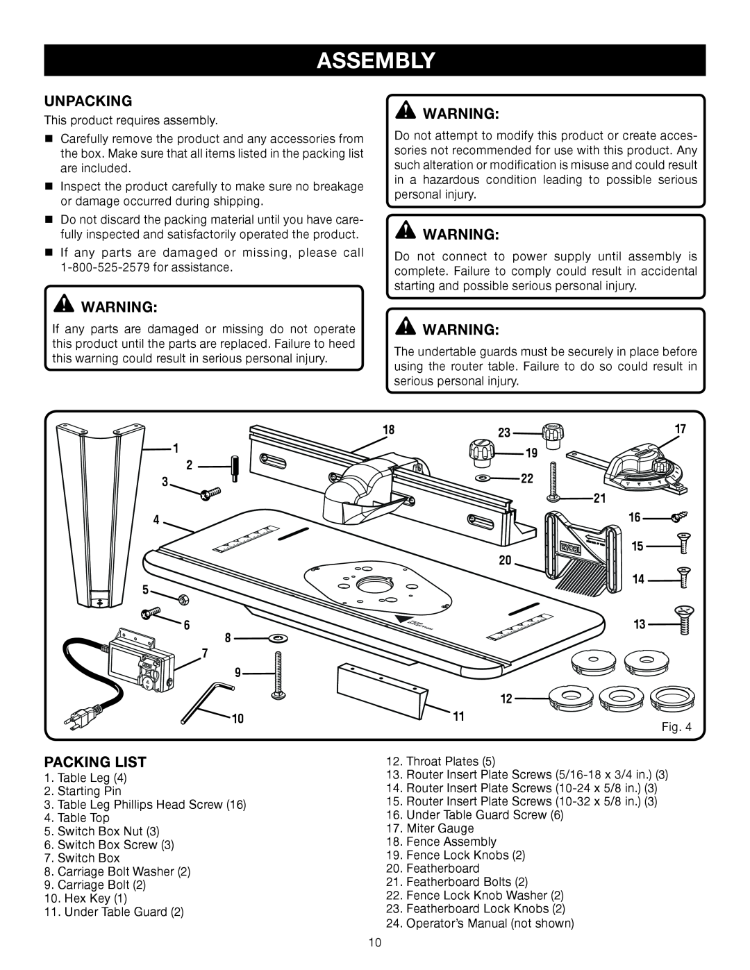 Ryobi A25RT02 manual Assembly, Unpacking, Packing List 
