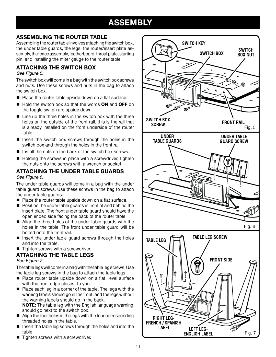 Ryobi A25RT02 manual Assembling The Router Table, Attaching The Switch Box, Attaching The Under Table Guards, Assembly 